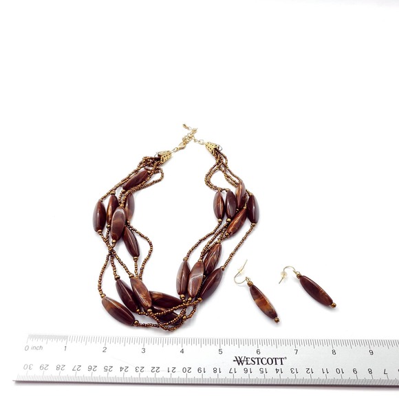 Necklace Earrings Set Brown Strands Beaded - Picture 3 of 5
